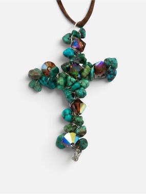 NAVAJO TURQUOISE CRYSTAL CROSS ARTISAN PENDENT NECKLACE